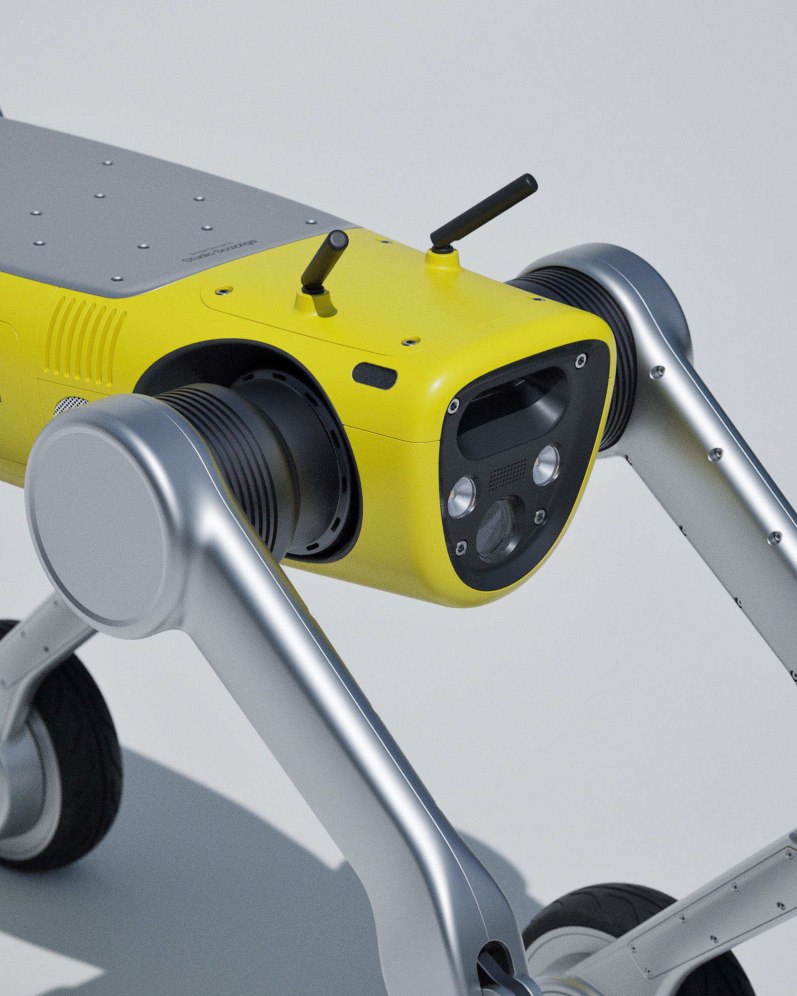 Closeup rear detail view of RIVR and Unitree robot concept in a warehouse, industrial design by Studio Scazziga, Zurich, 2025.