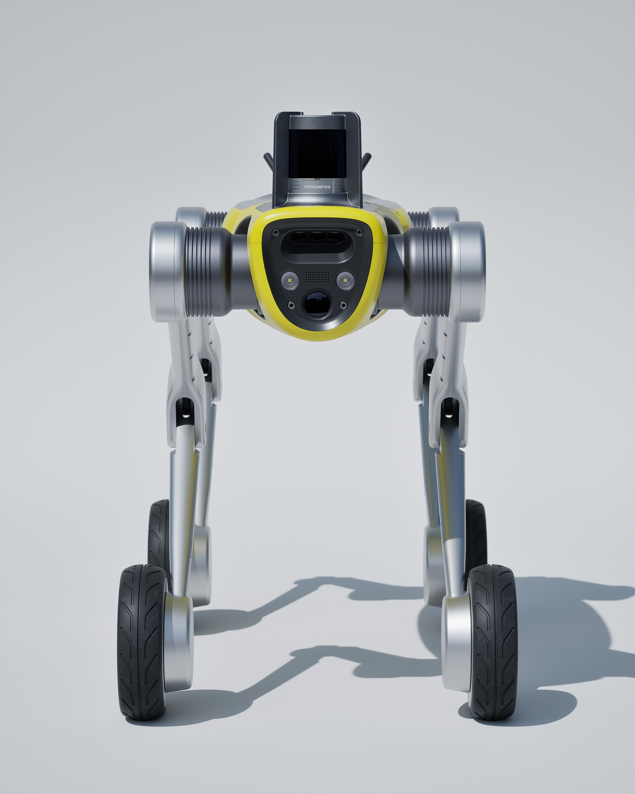 Front view of RIVR and Unitree robot concept in a studio setting, industrial design by Studio Scazziga, Zurich, 2025.