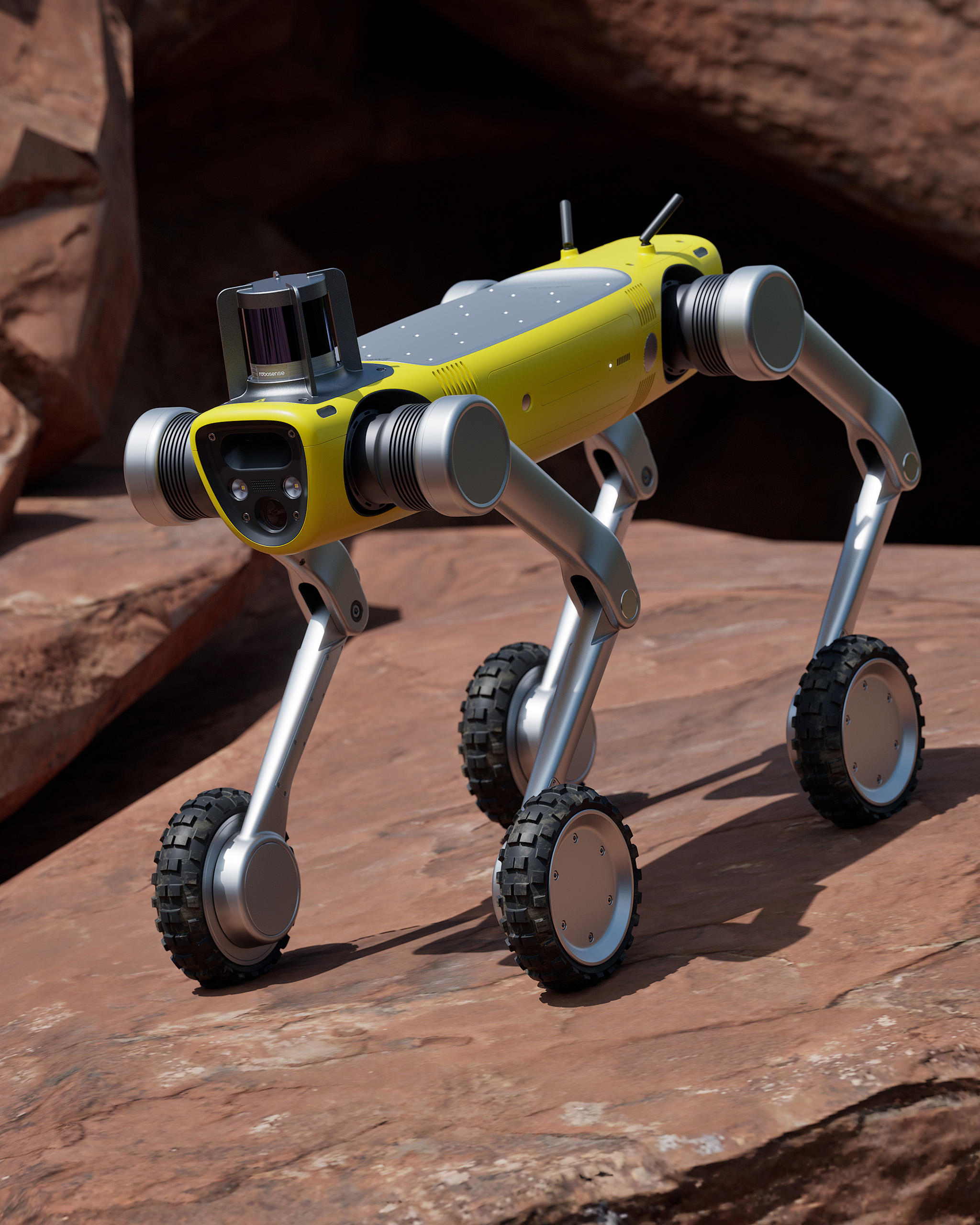High angle outdoor view of RIVR and Unitree quadruped robot concept design on red rocks, industrial design by Studio Scazziga, Zurich, 2025.