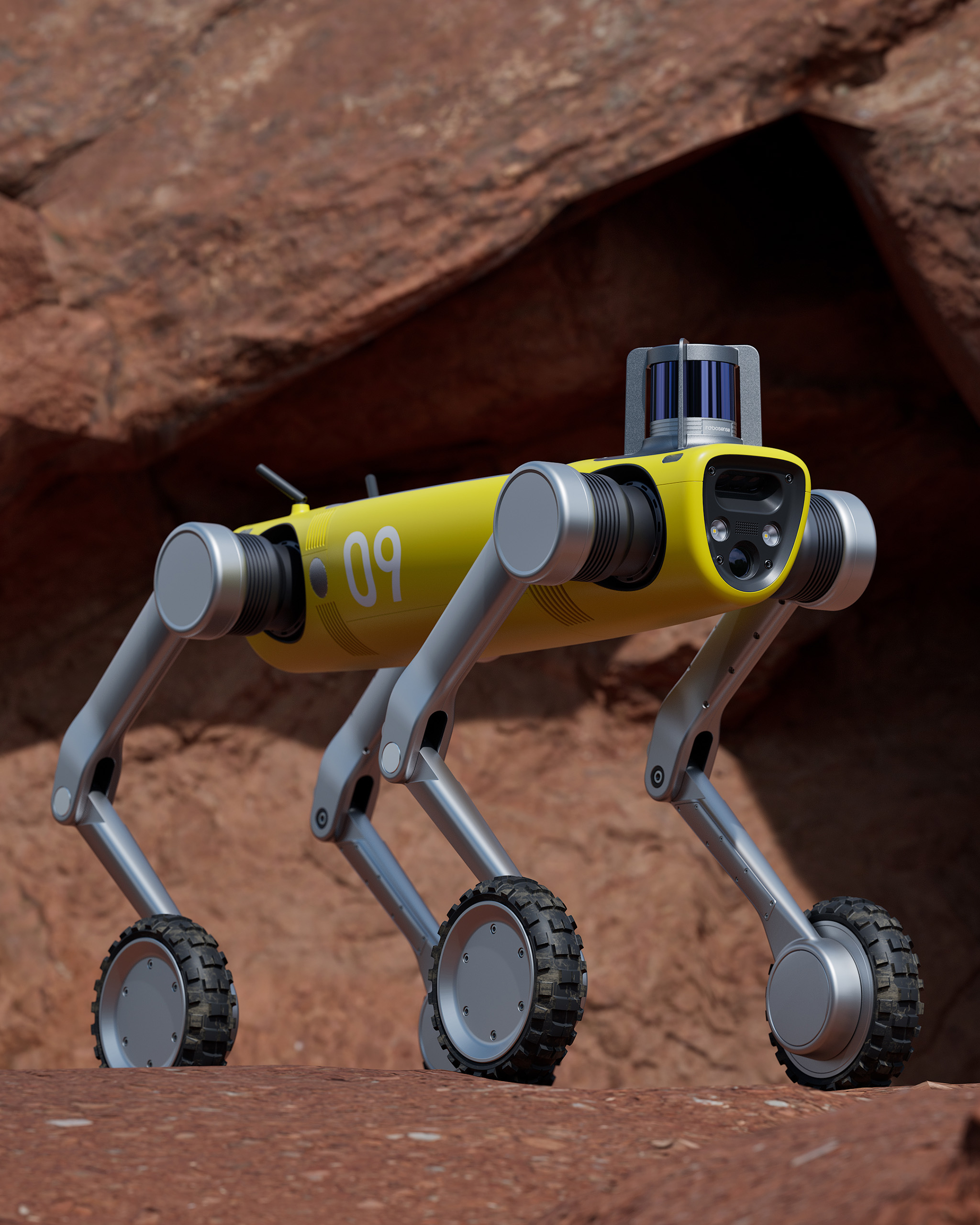 Low angle outdoor view of RIVR and Unitree quadruped robot concept design on red rocks, industrial design by Studio Scazziga, Zurich, 2025.