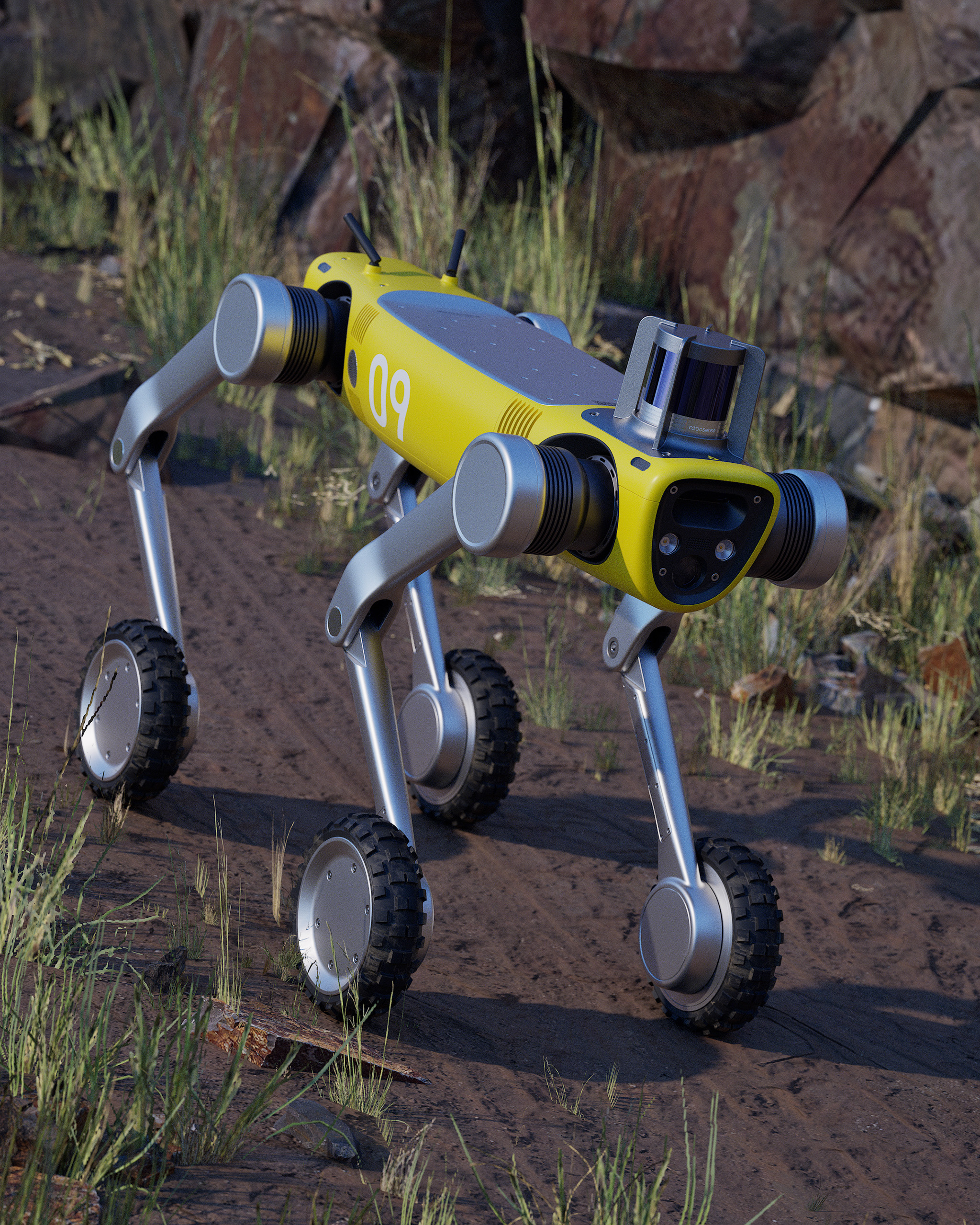 Outdoor view of RIVR and Unitree quadruped robot concept design on a dirt path, industrial design by Studio Scazziga, Zurich, 2025.