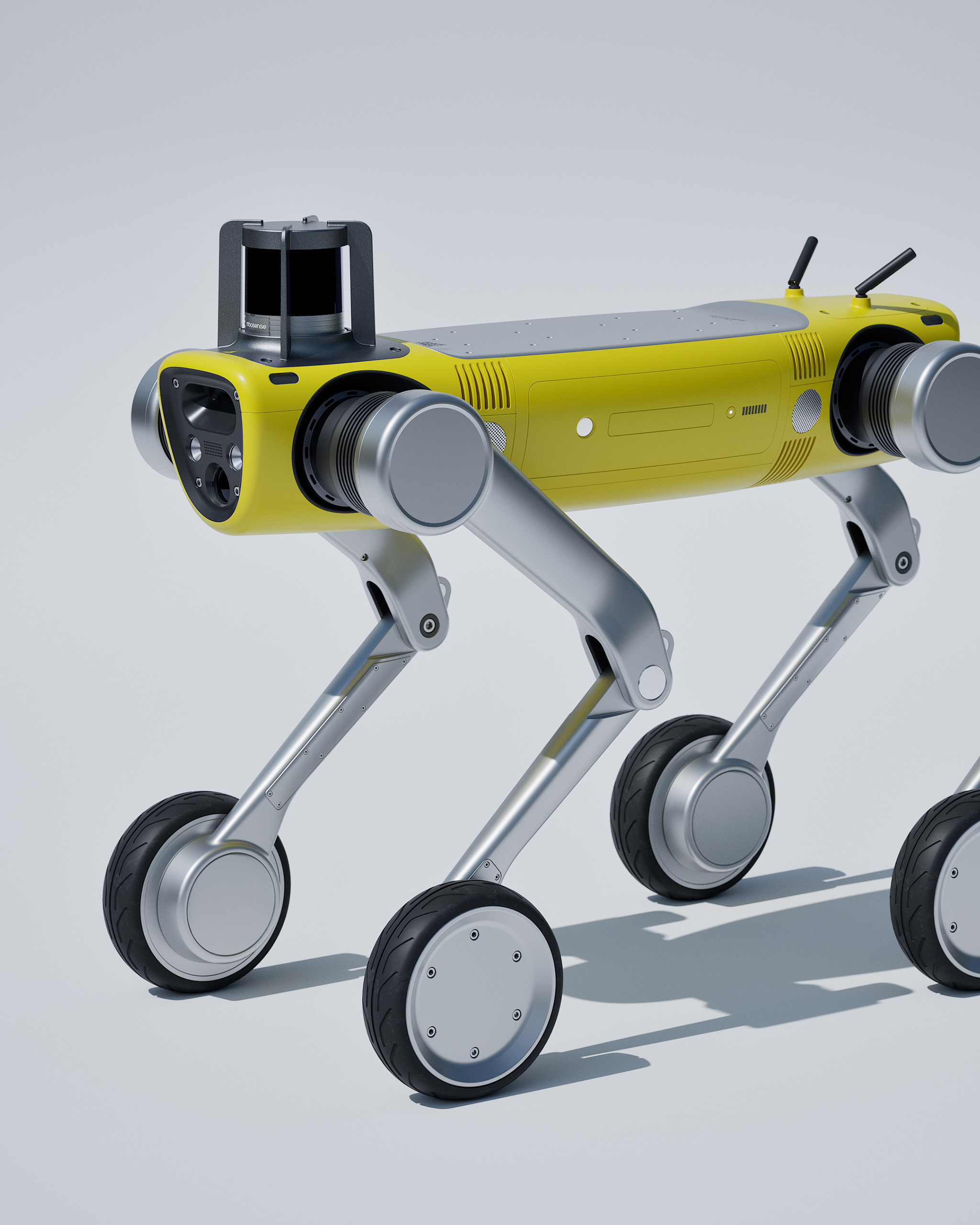 Front perspective view of RIVR and Unitree robot concept in a studio setting, industrial design by Studio Scazziga, Zurich, 2025.