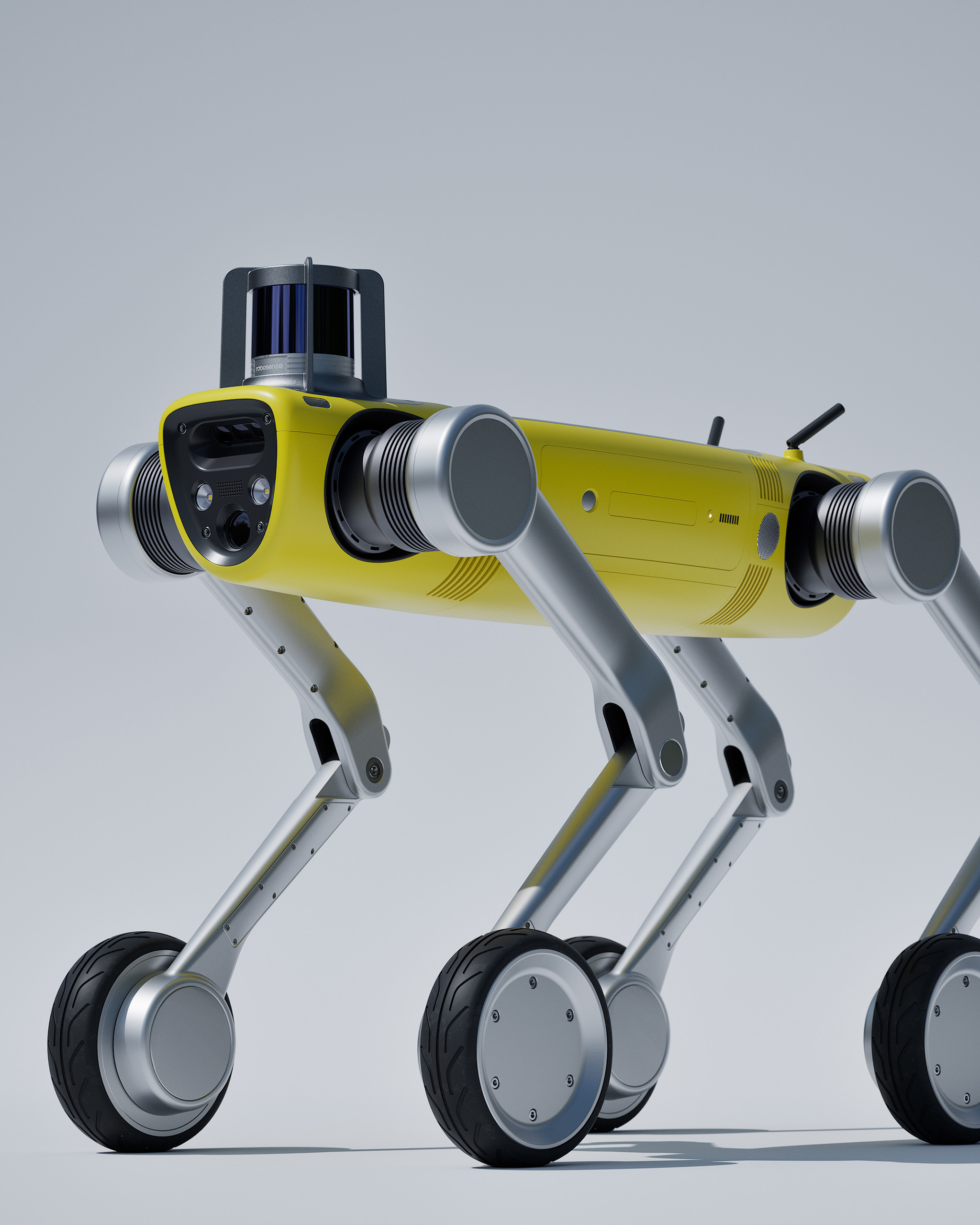 Lower front perspective view of RIVR and Unitree robot concept in a studio setting, industrial design by Studio Scazziga, Zurich, 2025.