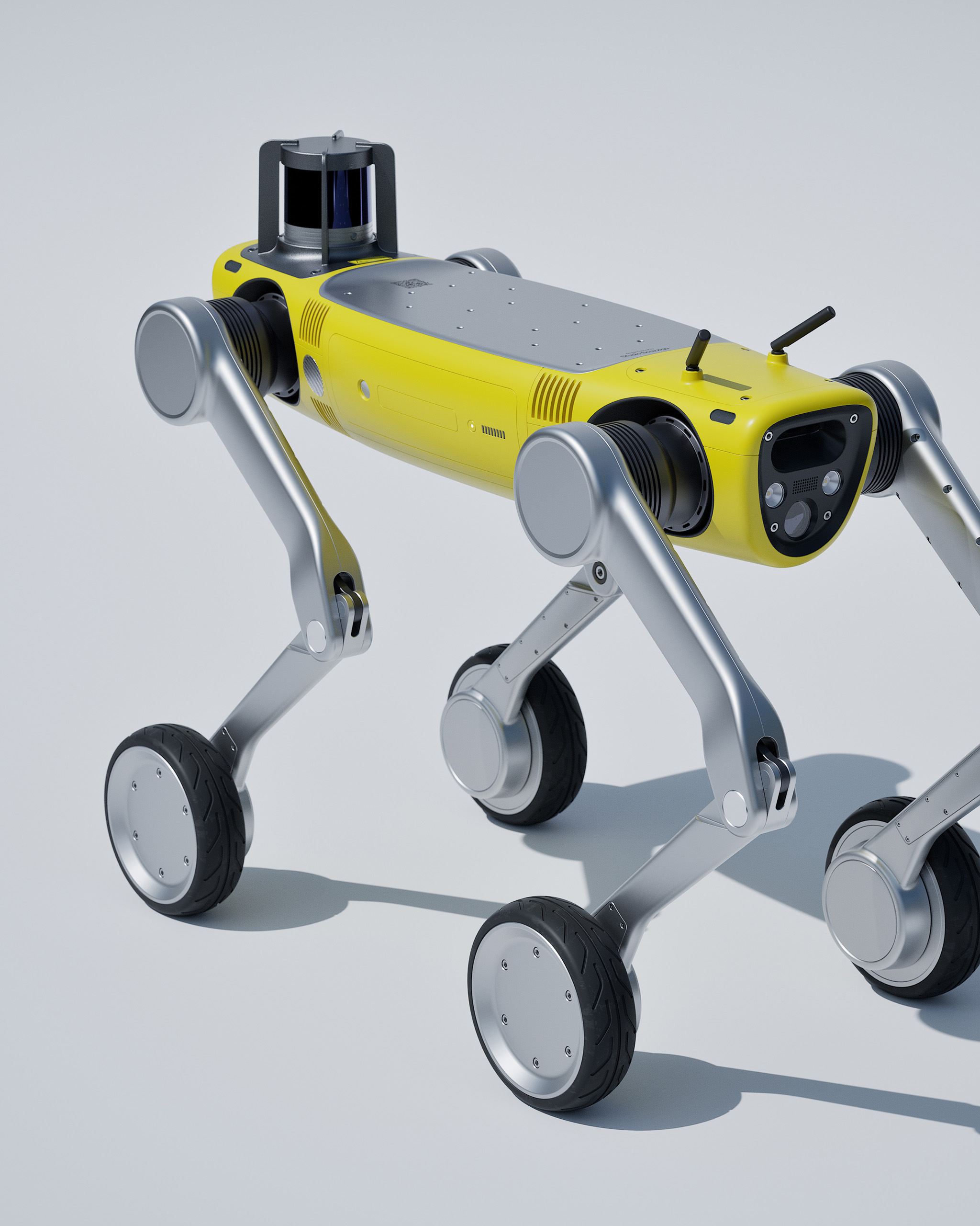 Rear perspective view of RIVR and Unitree robot concept in a studio setting, industrial design by Studio Scazziga, Zurich, 2025.